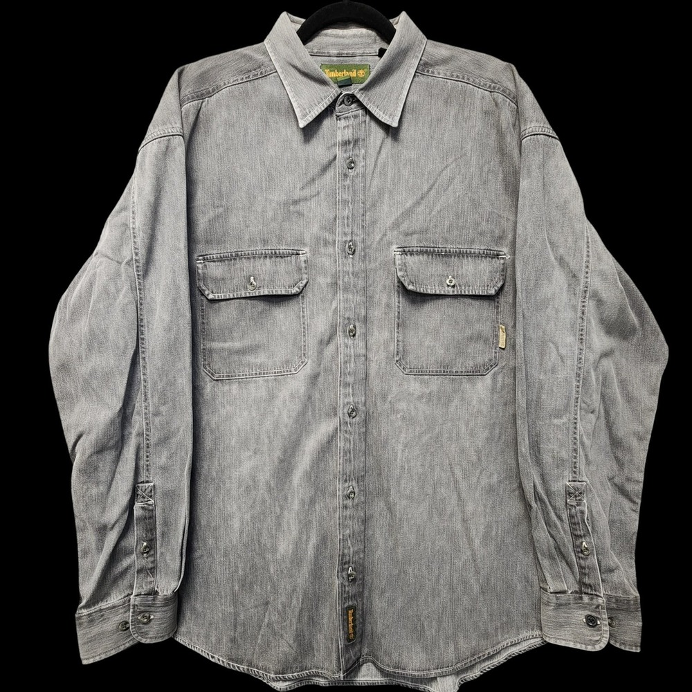 Vintage Timberland‎ Y2K Denim Shirt Mens XL Relaxed Fit Grey Cotton Button Up